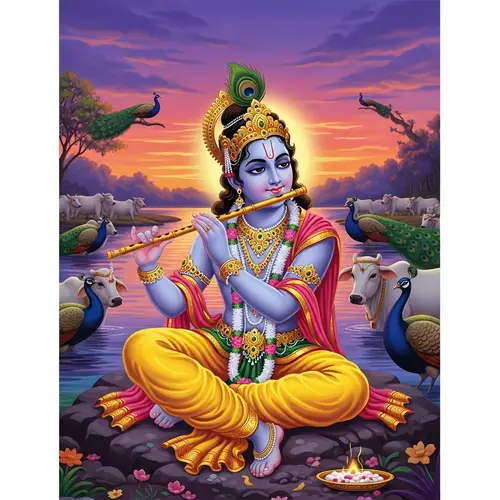 Artistic Representation of Sri Krishna Playing Flute by Riverside