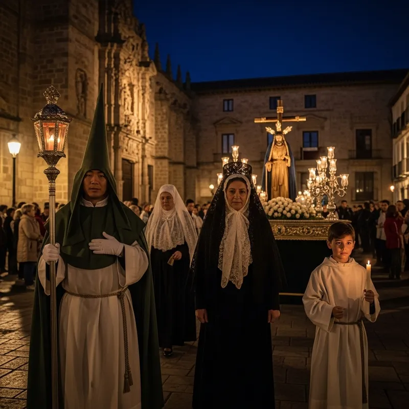 Semana Santa Procession: Diverse Participants in Historic City Night