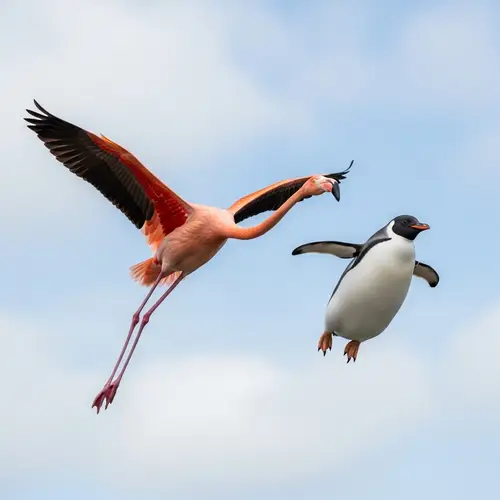 Pink Flamingo and Penguin in Playful Flight