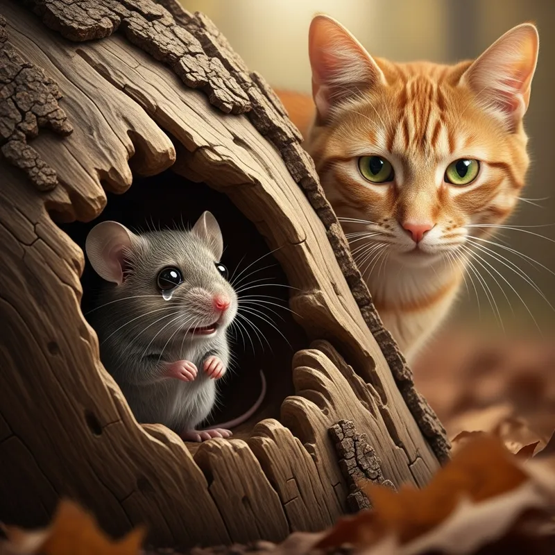 Tearful Grey Mouse in Wooden Burrow - Hyperrealism Art