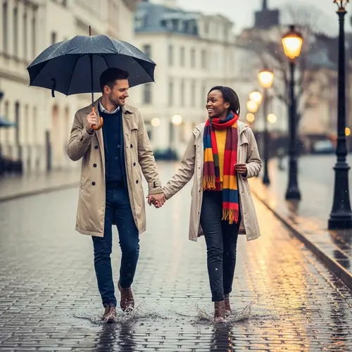 Romantic Rainy Stroll: Stylish Couple in Love