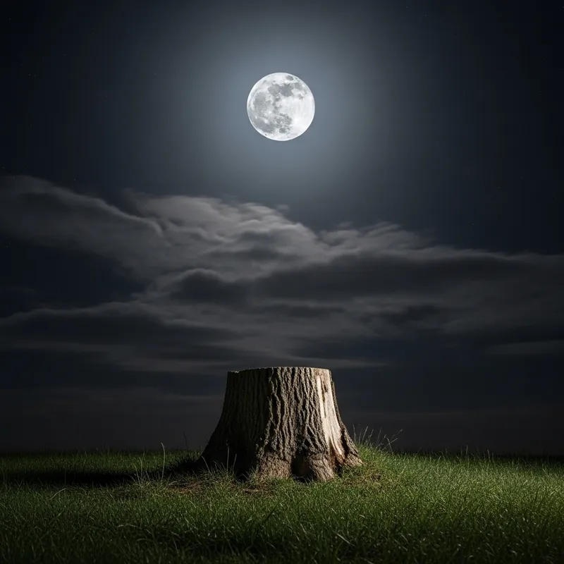Enchanting Moonlit Scene with Tree Stump and Grass