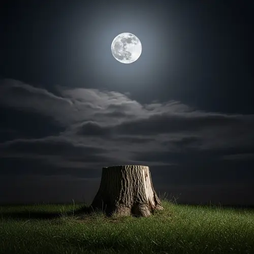 Silver Moonlit Scene with Tree Stump and Grass