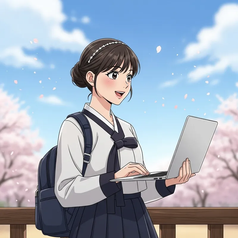 Adorable Korean Schoolgirl with Laptop in Traditional Uniform