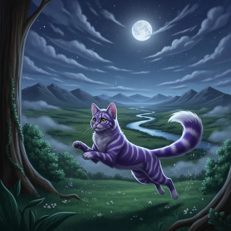 Majestic Purple Cat in Enchanted Night Forest