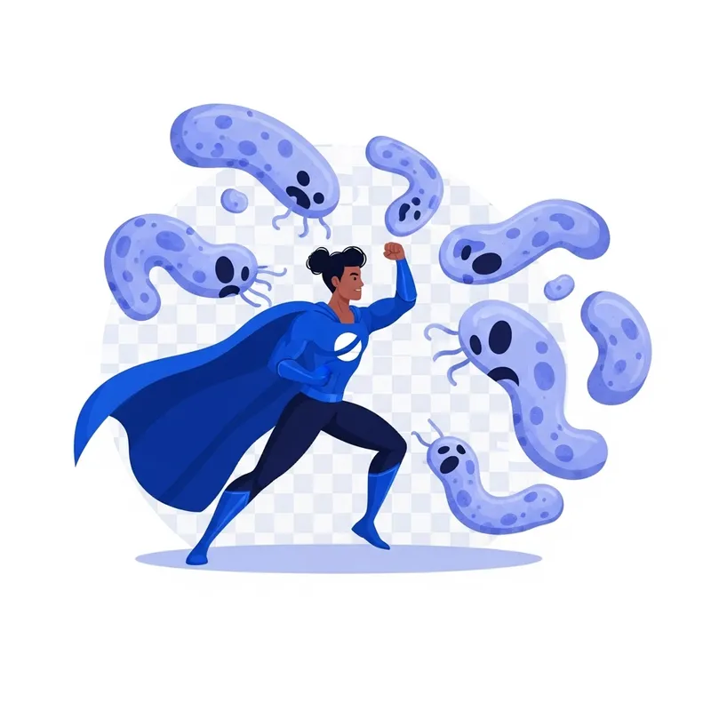 Blue Cape Superhero Battles Faceless Bacteria on Transparent Background
