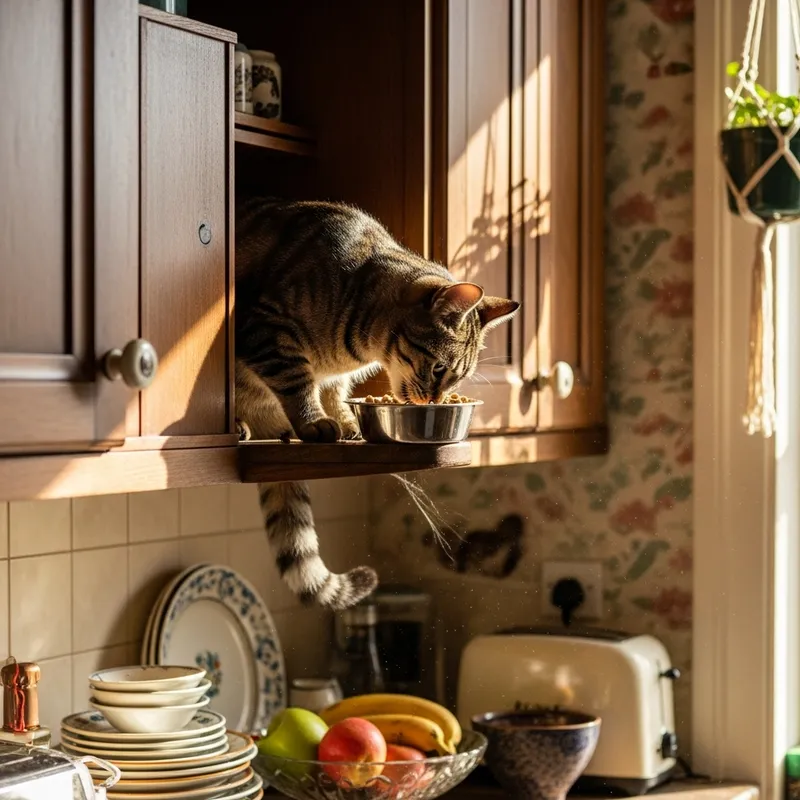 Cat Eating on Cabinet - Delightful Pets Treats