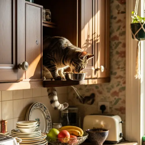 Cat Eating on Top of Cupboard - Pets' Delight