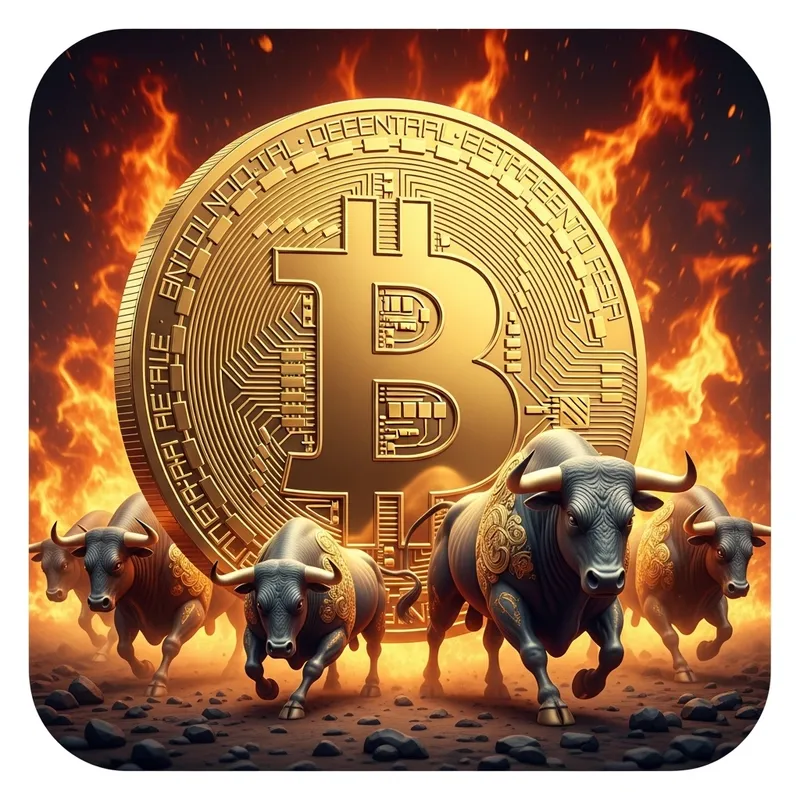 Bitcoin Symbol Surrounded by Golden Bulls