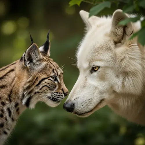 Petite Lynx and White Wolf: Intimate Moment in Forest