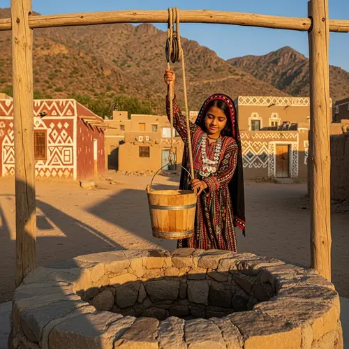 Young Saudi Arabian Girl in Traditional Dress | Rural Water Well Scene