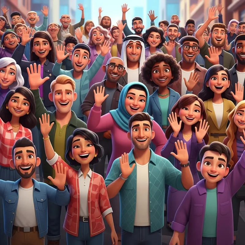 Diverse Animated Crowd Waving Joyfully | Embracing Diversity