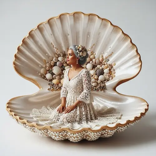 Elegant Sea Shell Art with Silver-Haired Beauty
