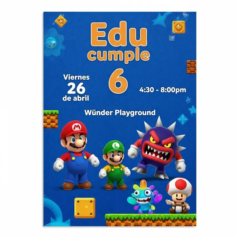 Mario Bros Theme Birthday Invitation - Edu Turns 6 | Wünder Playground