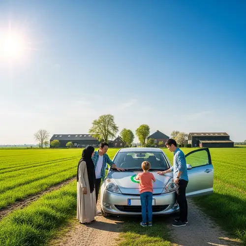 Diverse Group Using Eco-Friendly Car in Rural Scene