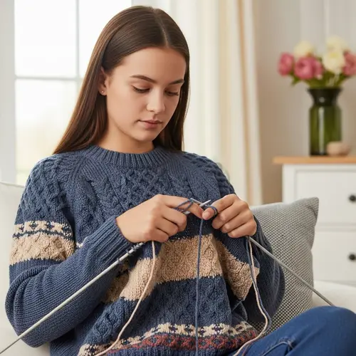 Young Caucasian Girl Knitting Intricately Patterned Aran Sweater