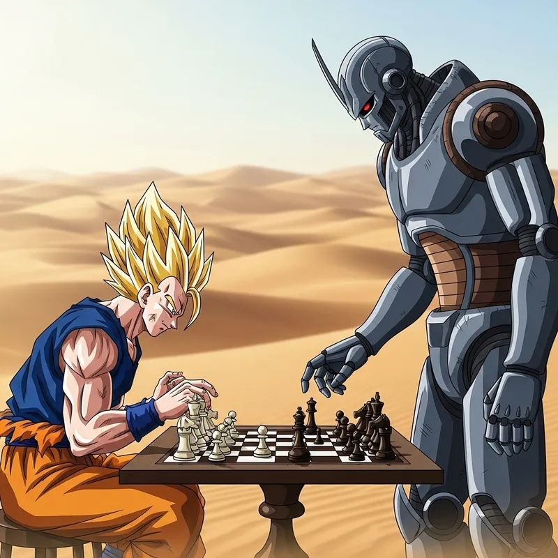 Intense Chess Duel: Super Saiyan vs. Transformer in Desert Intense Chess Duel: Super Saiyan vs. Transformer in Desert