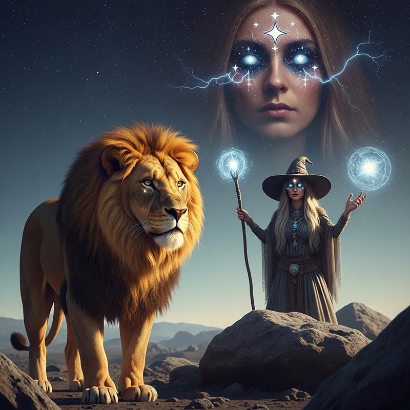 Surreal Sci-Fi Scene: Lion and Enigmatic Witch Encounter