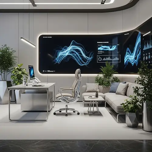 Futuristic Office Space Interior Design with Table, Chair, Screen, Sofa & Plants