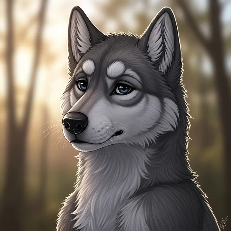 Realistic Gray Canine Artwork with Dark Blue Eyes