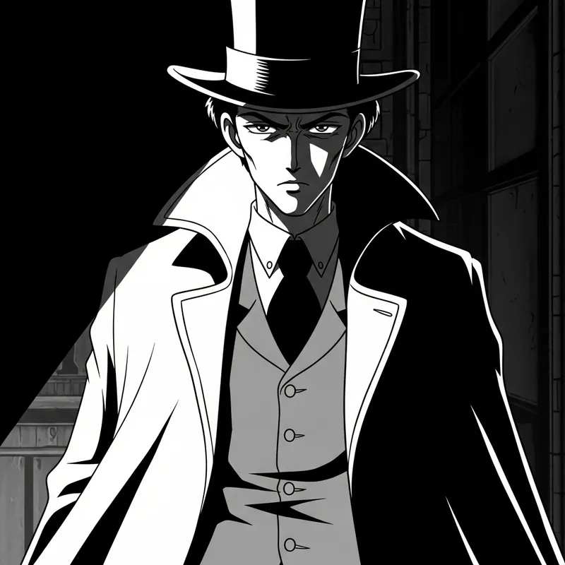 Mysterious Undertaker in Noir-Style and Anime Aesthetic
