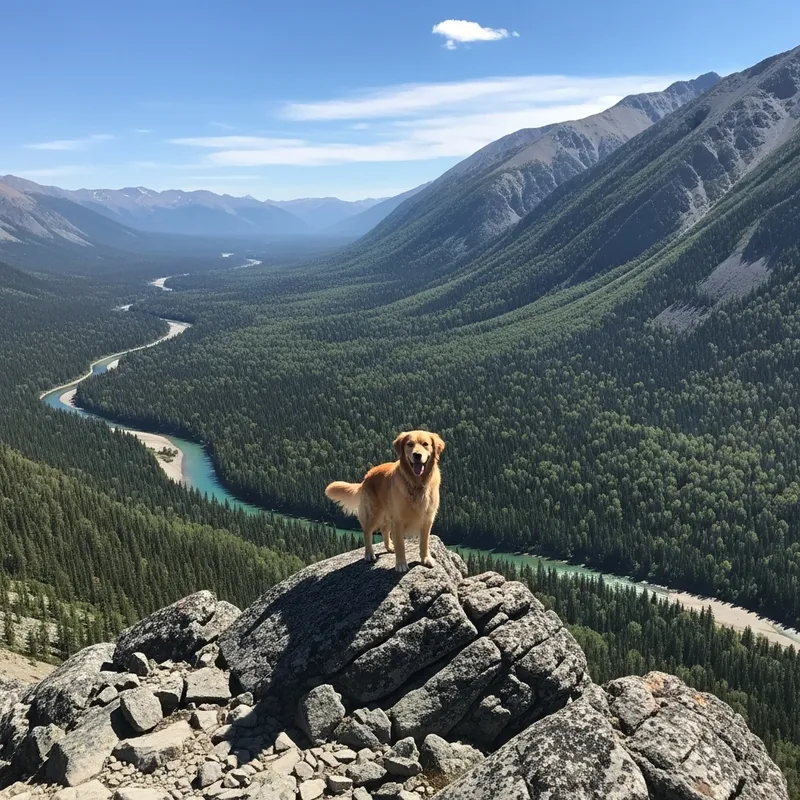 Majestic Golden Retriever on Mountain Peak Overlooking River and Forest