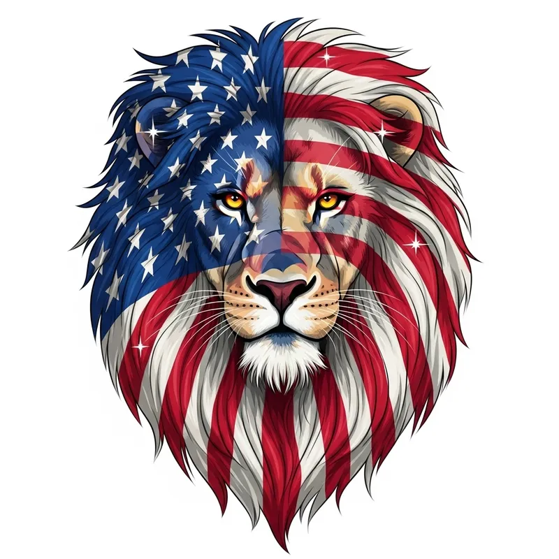 Whimsical and Fierce Lion with American Flag Mane - Symbol of Strength