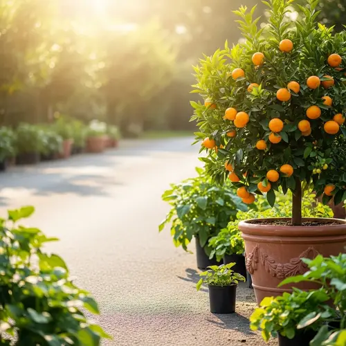 Vibrant Outdoor Scene with Potted Plants and Fruits