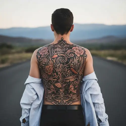 Nature-Inspired Back Tattoo Design: Flowers & Birds Artwork