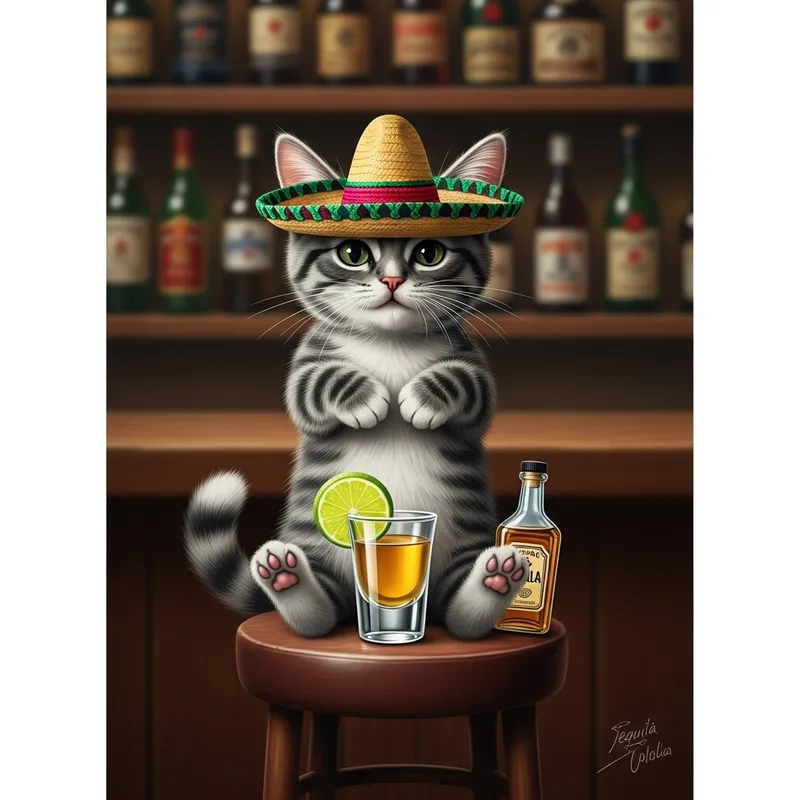 Funny Tequila Cat Cartoon Illustration | Entertaining Artwork
