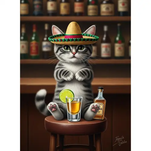 Surreal Cartoon of Cat Drinking Tequila | Fun Illustration