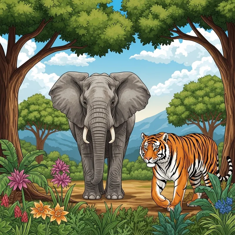 Elephant and Tiger in Wild: Harmony of Nature