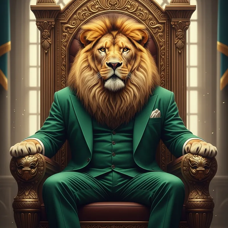 Majestic Lion in Green Suit on Ornate Throne