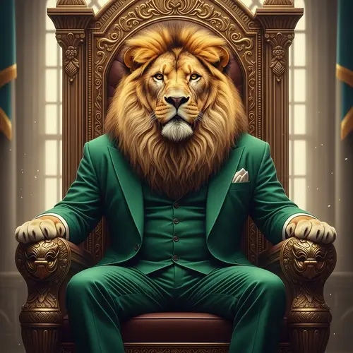 Majestic Lion in Green Suit on Ornate Throne
