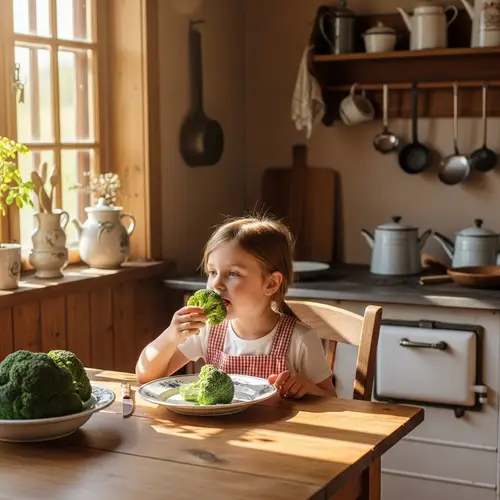 Young Caucasian Girl in Rustic Sunlit Kitchen Enjoying Fresh Broccoli