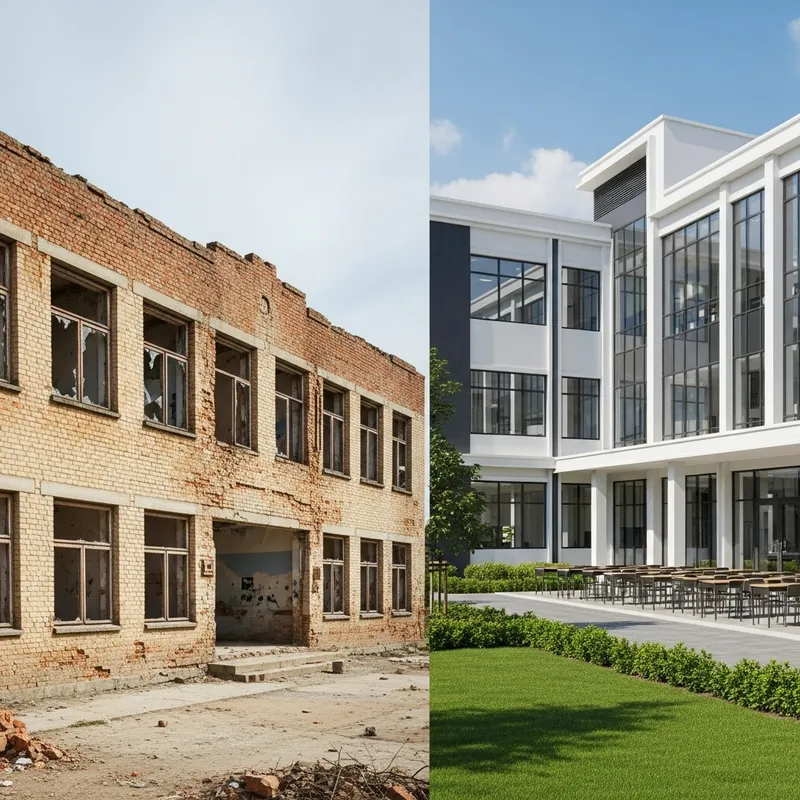 Contrast Between Ruined Public School and Brand New Private School