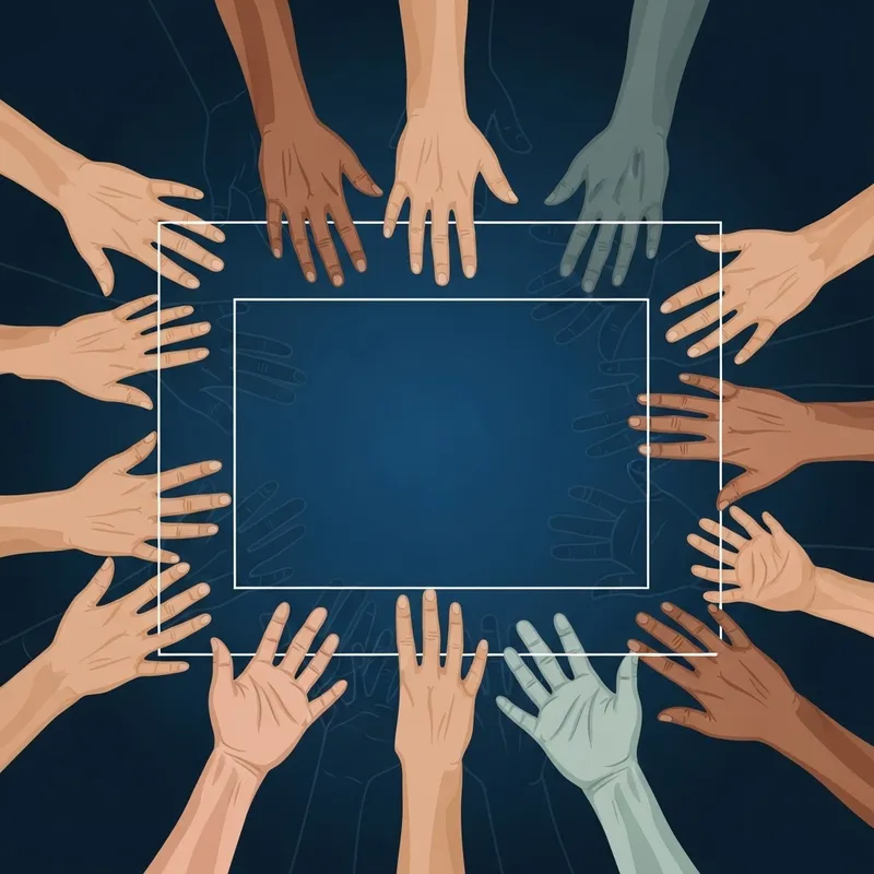 Rectangle Surrounded by Diverse Hands on Blue Background Rectangle Surrounded by Diverse Hands on Blue Background