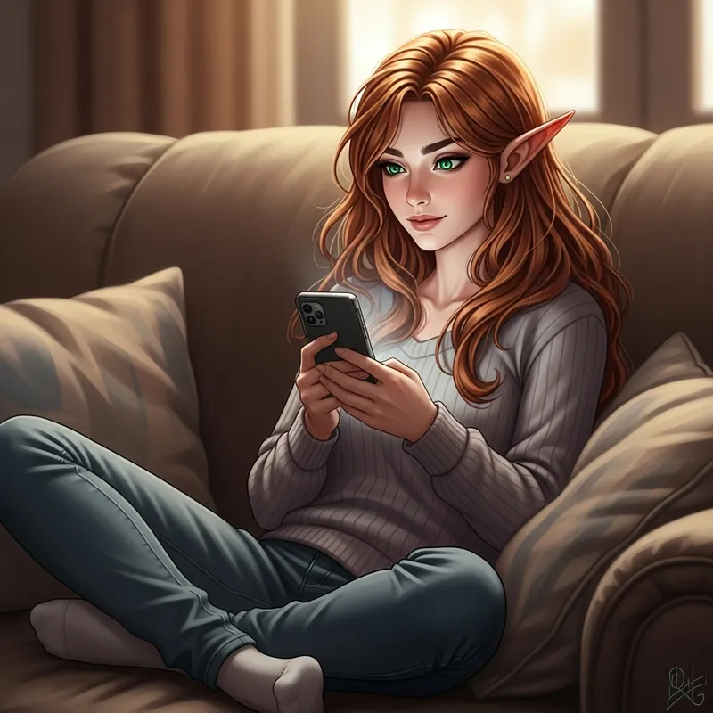 Emerald-Eyed Elf Girl Sitting on Couch | 18-Year-Old Elf Phone Player