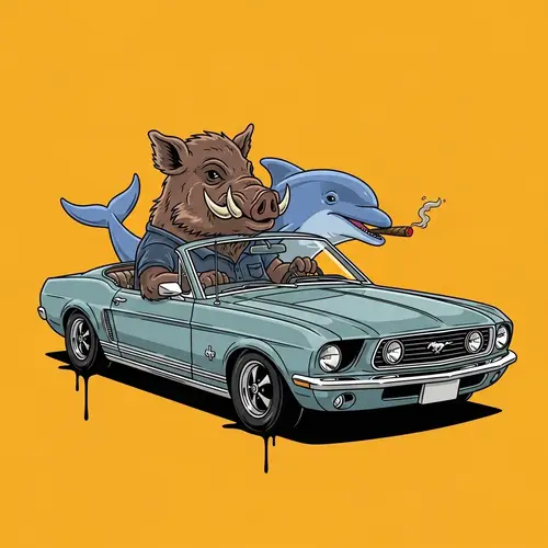 Wild Boar Driving Ford Mustang with Dolphin Co-Pilot