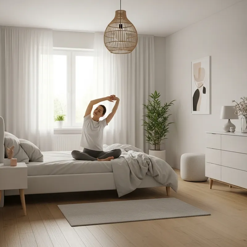 Tranquil Morning: Woman Stretching in Minimalist Bedroom Tranquil Morning: Woman Stretching in Minimalist Bedroom