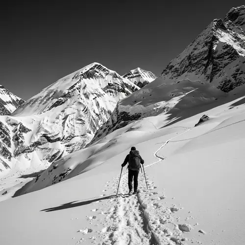 Snowy Mountains Journey: Essence of Determination in Monochrome