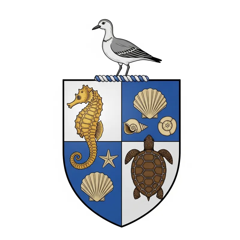 Sea Life Coat of Arms with Seahorse, Turtle, Bird & Shells