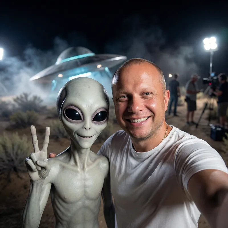 Epic Selfie with a Gray Alien in Roswell Style