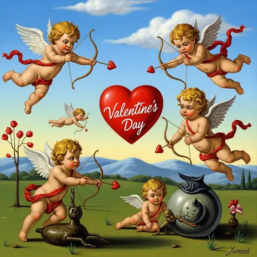 Surreal Cupids: Whimsical Art Scene for Valentine's Day