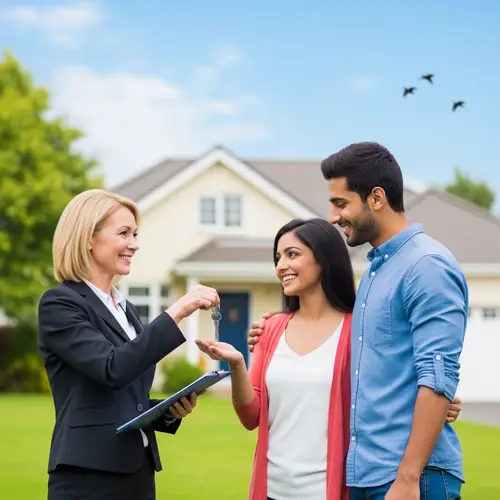 Real Estate Agent Handing Over Keys to Joyful Couple | Home Purchase