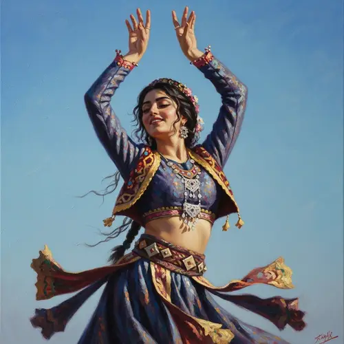 Persian Woman Dancing Under Clear Blue Sky - Oil Painting
