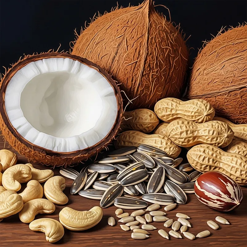 Vibrant Nusantara Nut Composition: Cashews, Coconuts, Peanuts & Seeds