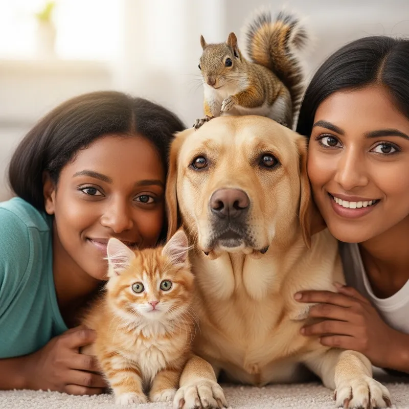 Red-Haired Kitten, Labrador Dog, Woman, and Squirrel Huddle Together Red-Haired Kitten, Labrador Dog, Woman, and Squirrel Huddle Together