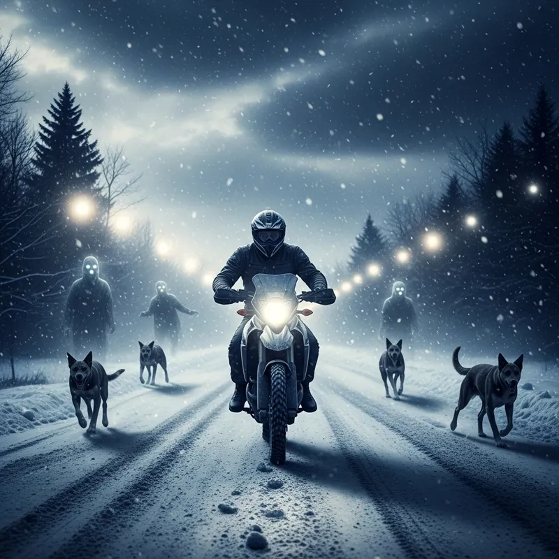 Ghostly Night Chase: Motorcyclist vs Dogs in Winter Storm