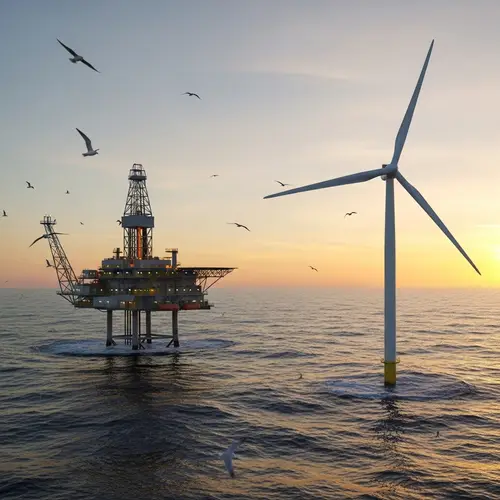 Offshore Oil Drill Platform and Wind Turbine at Sea